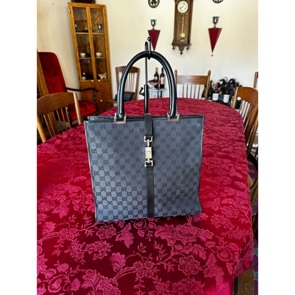 Gucci Black Monogram Canvas & Leather Jackie Tote Bag w/ Silver Piston Lock - Picture 2 of 14